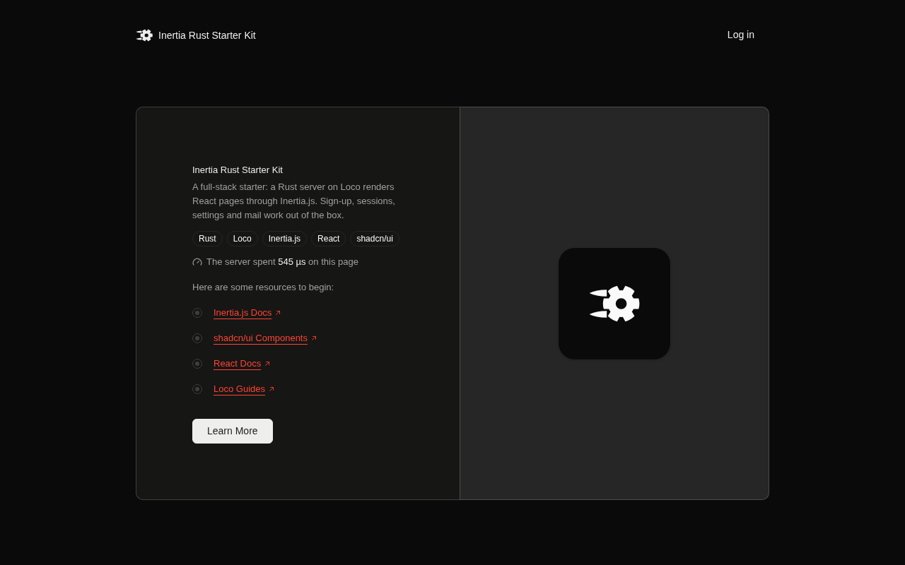 The kit's home page, dark theme